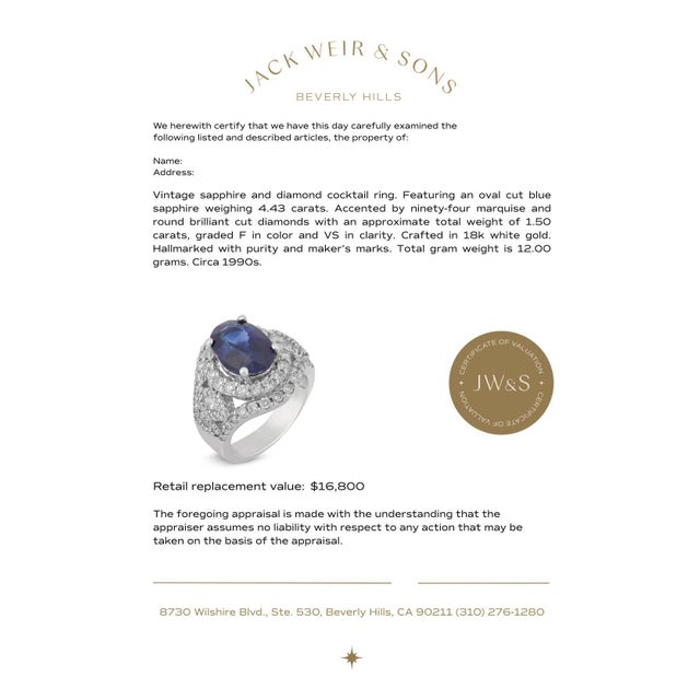Metal Vintage 4.43 Carat Sapphire Diamond 18k White Gold Cocktail Ring, Size 6 For Sale - Image 7 of 7