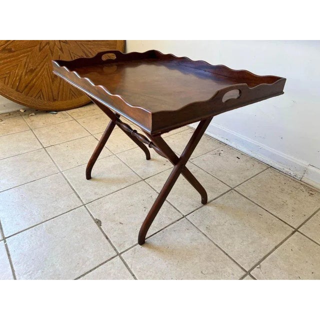 Brown Antique Folding Flame Mahogany Inlaid Butler’s Tray Table. For Sale - Image 8 of 10