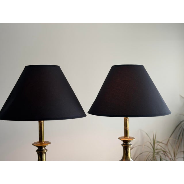 Metal Vintage Stiffel Brass Neoclassical Baluster Table Lamps With Black Empire Shades - a Pair For Sale - Image 7 of 12