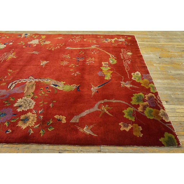 Art Deco 1920s Red Floral Antique Chinese Art Deco Water Bird Rug 8'2" X 9'8" Wool Carpet For Sale - Image 3 of 10