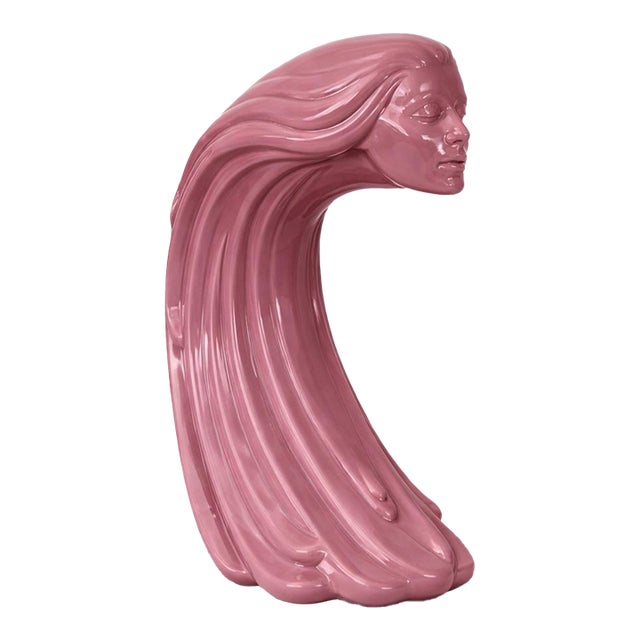 Vintage Pink Ceramic Woman Bust Sculpture – Art Nouveau Style Flowing Hair Figure – Modern Feminine Decor For Sale