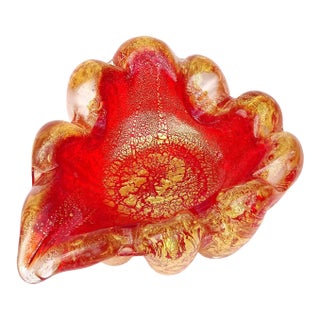 Murano Barovier Toso Vintage Bright Red Gold Flecks Control Bubbles Italian Art Glass Ashtray Bowl For Sale