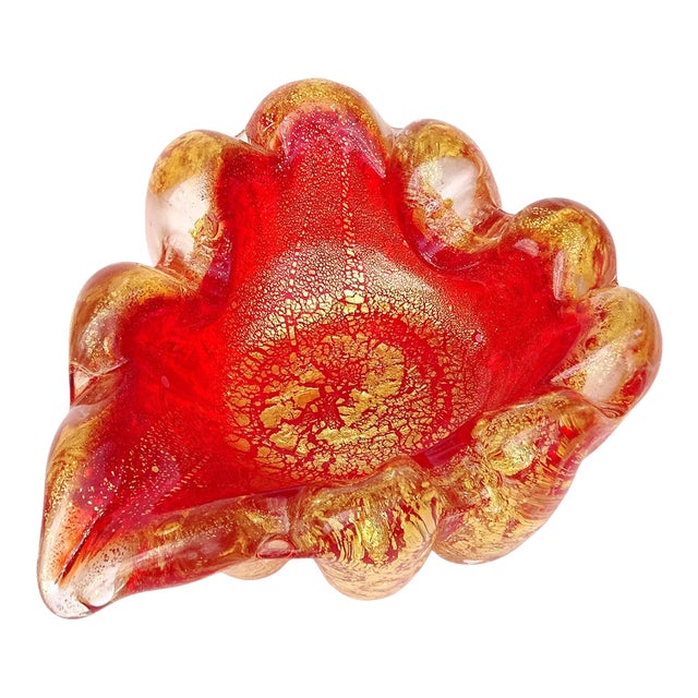 Vintage Murano Barovier Toso Bright Red Gold Flecks Control Bubbles Italian Art Glass Ashtray Bowl For Sale