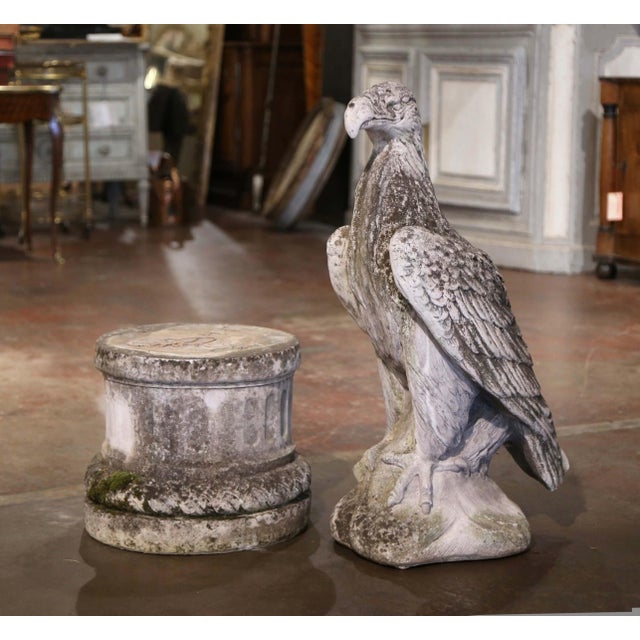 Decorate a garden, courtyard, terrace, or entryway with this impressive vintage cast stone eagle statue on pedestal....