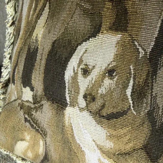 Textile Vintage Wool Tapestry Pillow Featuring Dogs at Rest With Fringe For Sale - Image 7 of 13