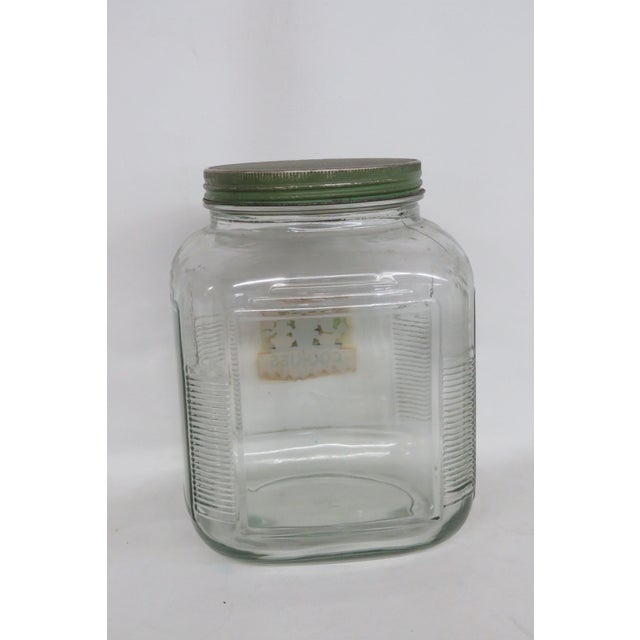 Mid 20th Century Anchor Hocking Large Square Cookie Jar Cannister Container With Green Lid 4480b For Sale - Image 5 of 15