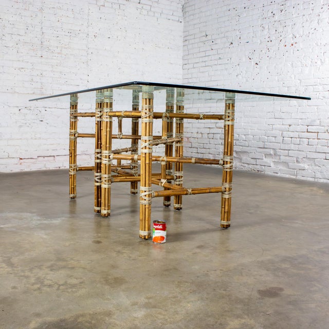 Late 20th Century Campaign Style Double Pedestal Dining Table by McGuire Bamboo Bases & Glass Top For Sale - Image 18 of 18