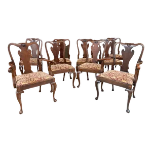 Early 20th Century Queen Anne Style Splat Back Burl Walnut Dining Chairs - Set of 10