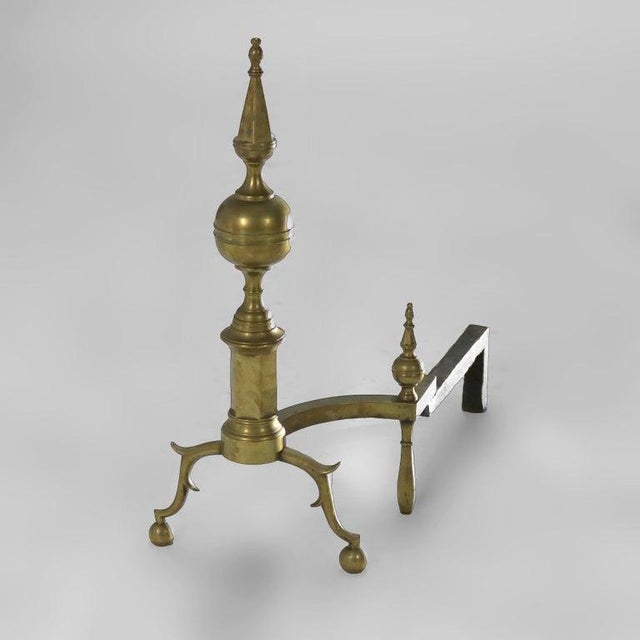 Pair Antique Federal Brass & Wrought Iron Lemon Top Andirons C1810 Measures- 24"H x 10.5"W x 24.75"D