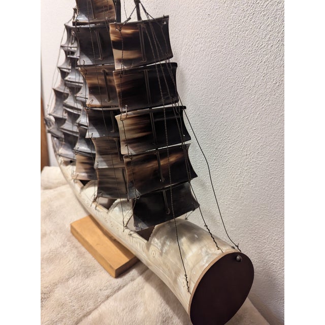 Nautical Vintage Large Carved Horn Ship With Five Sails For Sale - Image 3 of 8