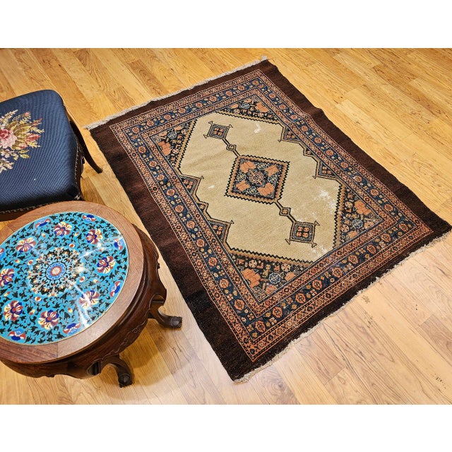 19th Century Antique Persian Serab Area Rug, Hand-Knotted Wool, Geometric Medallion Pattern, Camel Hair & Brown, 4x5 For Sale - Image 5 of 18