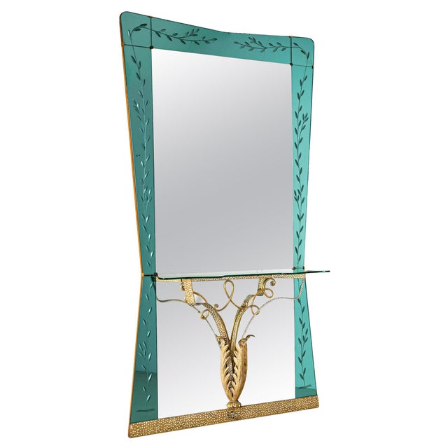 Metal 1940s Large Wall Mirror with Console and Etched Decor, Italy For Sale - Image 7 of 10
