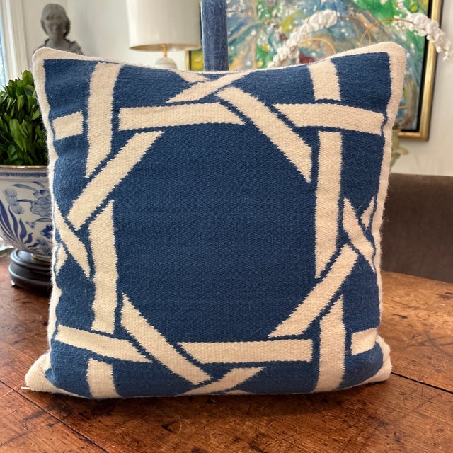 Blue & Cream multicolor wool or wool blend (unmarked) Jonathan Adler reversible throw pillow with abstract graphic at...