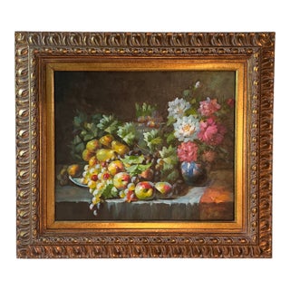 Late 20th Century Floral Still Life Oil Painting on Canvas, Gold Ornate Frame For Sale