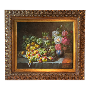 Late 20th Century Floral Still Life Oil Painting on Canvas, Gold Ornate Frame