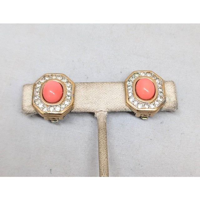 Vintage 1960s Signed Panetta Goldtone Cabochon Faux-Coral & Clear Rhinestone Clip Earrings-2 Pieces For Sale In Philadelphia - Image 6 of 9