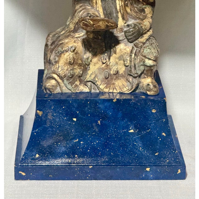 Wood Mid-Century Parcel Gilt Faux Lapis Lazuli Asian Figural Table Lamp For Sale - Image 7 of 10