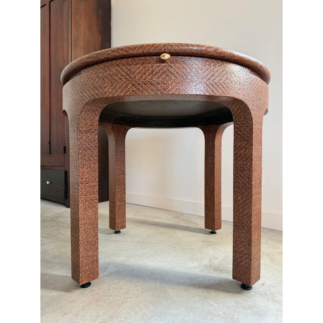 Harrison Van Horn Harrison Van Horn Round Game Table Lacquered Raffia Sliding Shelf 1980s Glamour For Sale - Image 4 of 13