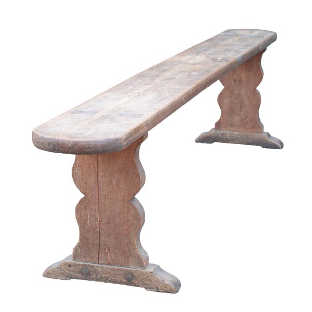 Rustic Long French Wabi-Sabi Pine Bench with Sculptural Trestle Supports, 1900 For Sale - Image 3 of 12
