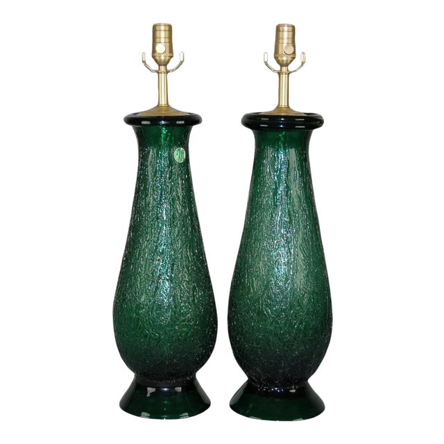Vintage Murano Glass Craquelure Lamps Green For Sale