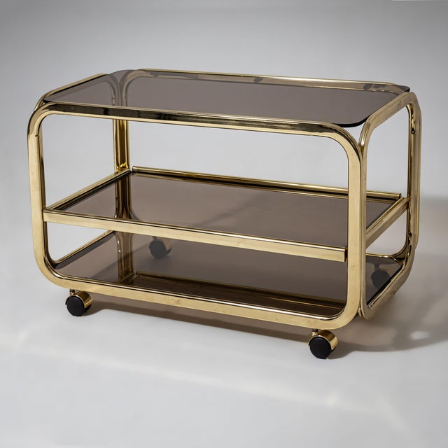 Vintage Brass and Smoked Glass Bar Cart, 1980s For Sale - Image 10 of 10