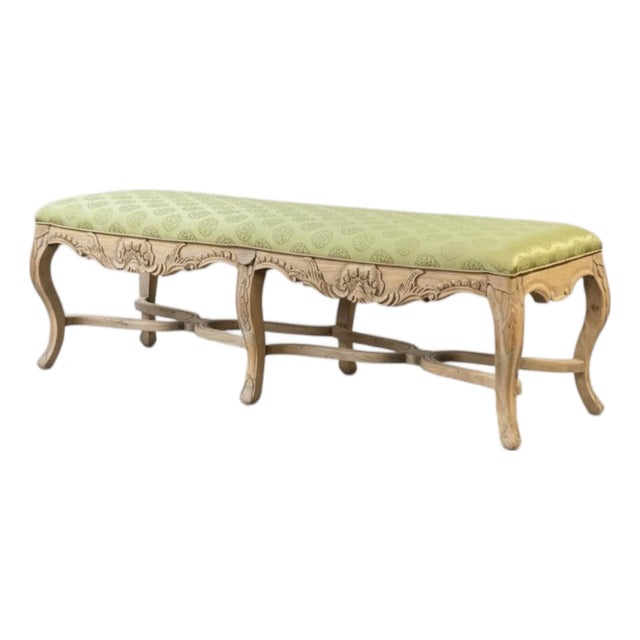 20th-C. Large Scale French Provincial Cerused and Carved Fruitwood Bench / Ottoman Green Damask For Sale
