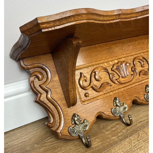 Wood Vintage French Carved Oak 4-Hook Wall Coat Rack For Sale - Image 7 of 9