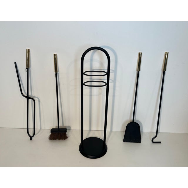 Circa 1970s Fireplace Tools on Stand in Black Lacquered Metal and Brass Design/one For Sale - Image 10 of 12
