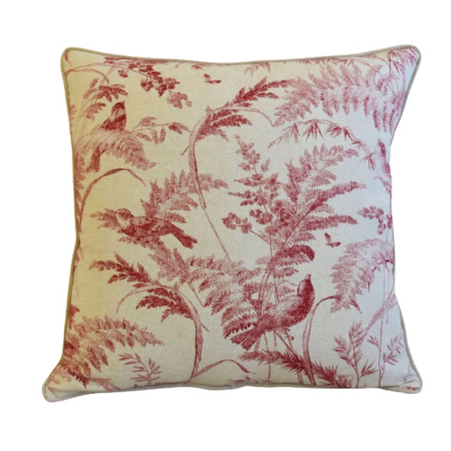 Custom-tailored pillow in a French linen fabric with a traditional toile botanical floral & bird design. Cream-colored...