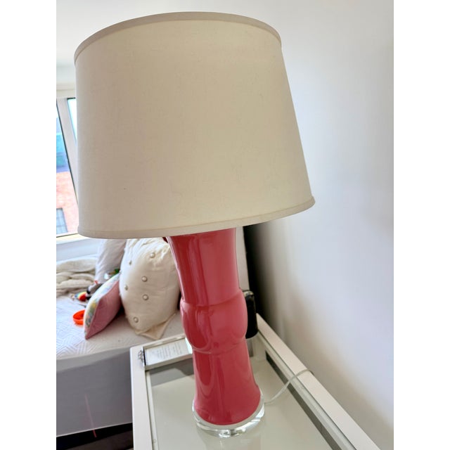 Transitional Ethan Allen Pink Glass Table Lamps With Acrylic Bases - A Pair For Sale - Image 3 of 8
