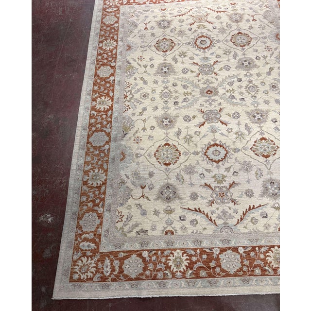 Late 20th C. Turkish Oushak-Style Hand-Knotted Wool Rug With Rust Border For Sale - Image 4 of 9
