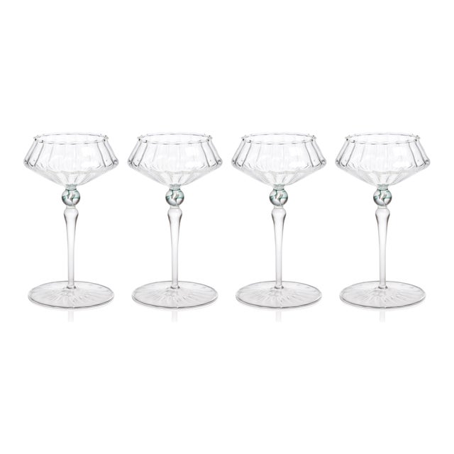 Contemporary Ondine 4-Piece Set Fluted Coupe Glasses, Clear with Lagoon Green Accent For Sale - Image 3 of 3