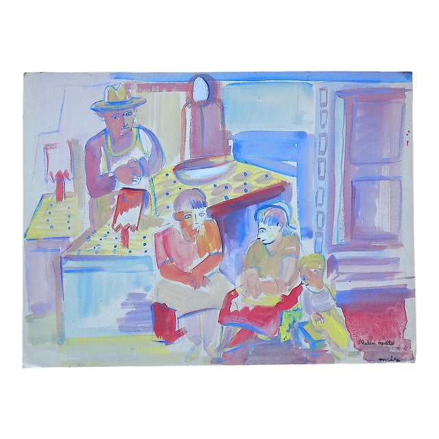 Vintage Original Mid 20th Century Listed Wpa Artist Signed Expressionist Market Scene For Sale