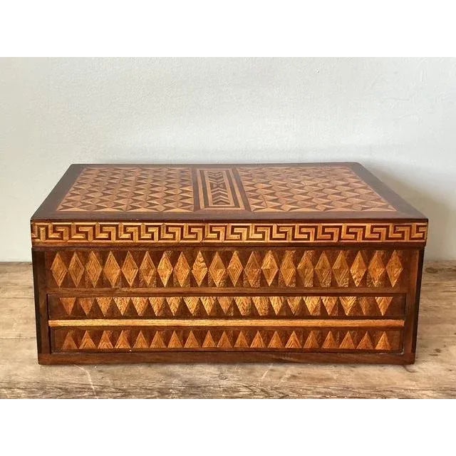 Brown Vintage Boho Greek Key Marquetry Box For Sale - Image 8 of 11