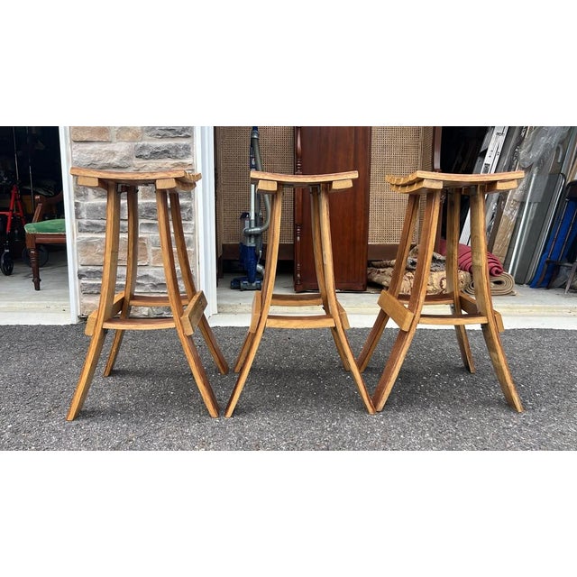 Handmade Wooden Wine Barrel Bar Stools (Set of 3) For Sale - Image 4 of 8