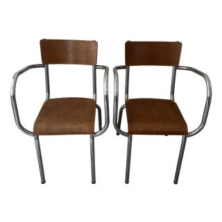 Vintage Chrome and Wood Armchairs, Set of 2 For Sale