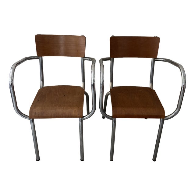 Vintage Chrome and Wood Armchairs, Set of 2 For Sale