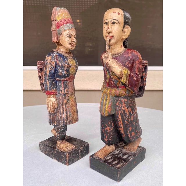 Figurative Vintage Asian Carved & Painted Wood Man and Woman Figures - Set of 2 For Sale - Image 3 of 10