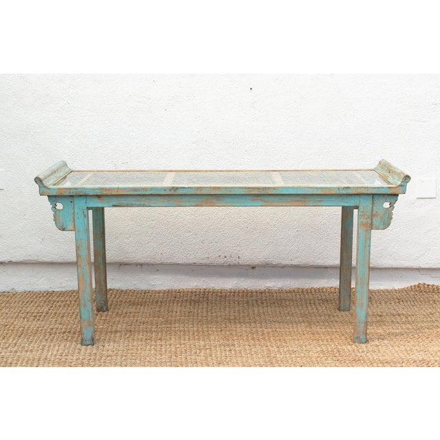 Glass Top Painted Asian Console Writing Table For Sale - Image 9 of 11