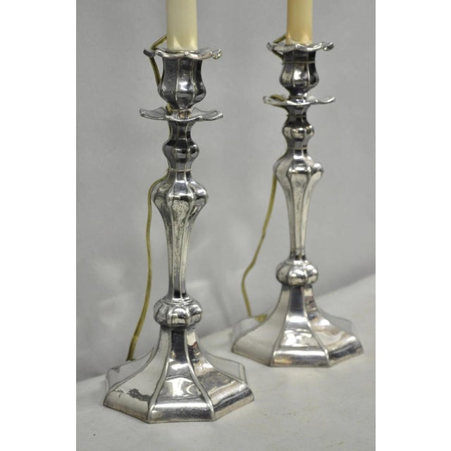 Reed & Barton Early 20th Century Reed & Barton Art Nouveau Silver Plated Small Candlestick Table Lamps - A Pair For Sale - Image 4 of 12