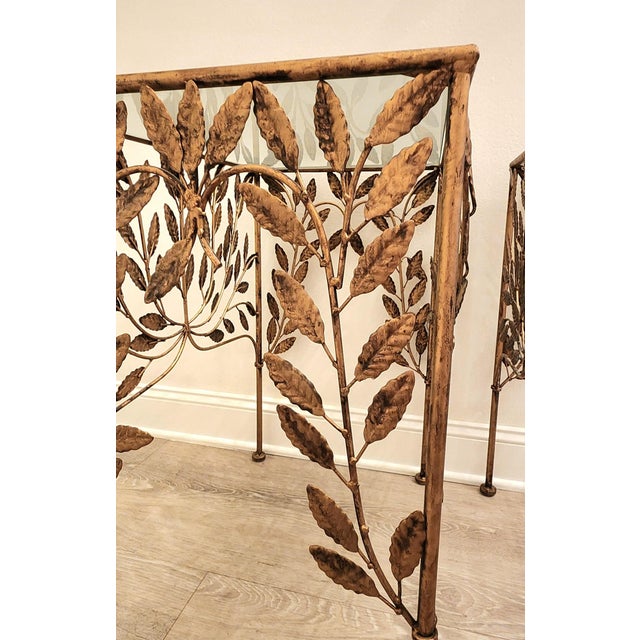 Vintage French Botanical Sweet and Petite Gilded Tole Glass Top Side Tables-a Pair For Sale - Image 4 of 8