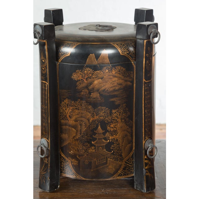 Mid 20th Century Chinese Vintage Black Lacquer Game Box with Gilded Traditional Landscape Scenes For Sale - Image 5 of 11