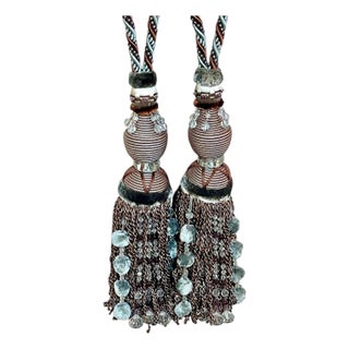 Pair Vintage French Passementerie Tassel Drapery Tiebacks in Chocolate Brown and Pale Blue For Sale