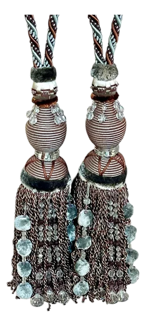 Pair Vintage French Passementerie Tassel Drapery Tiebacks in Chocolate Brown and Pale Blue