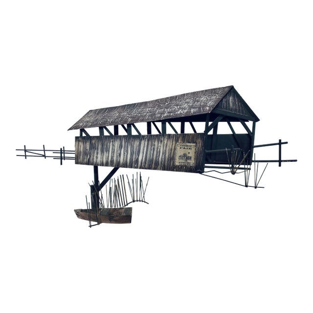 Curtis Jere Artisan House Mid-Century Country Barn Bridge With Row Boat, 1995 For Sale