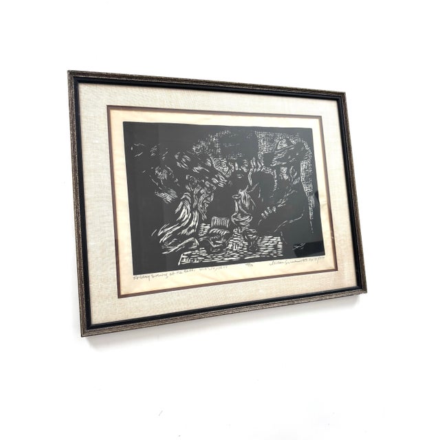 Abstract Vintage 1953 Miron Sima Woodblock Print “Friday Evening at the Rabbi” Signed Jewish Wall Art For Sale - Image 3 of 12