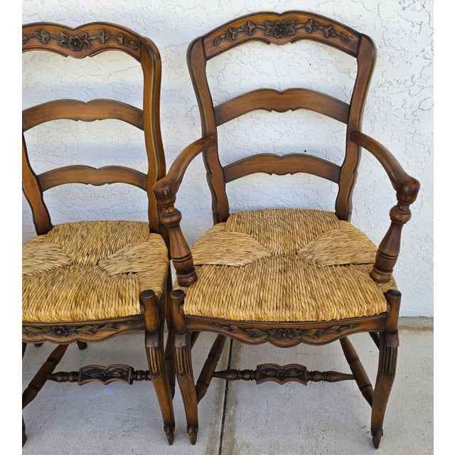 Antique French Country Carved Ladder Back Rush Seat Dining Chairs, Set of 4 For Sale - Image 4 of 18