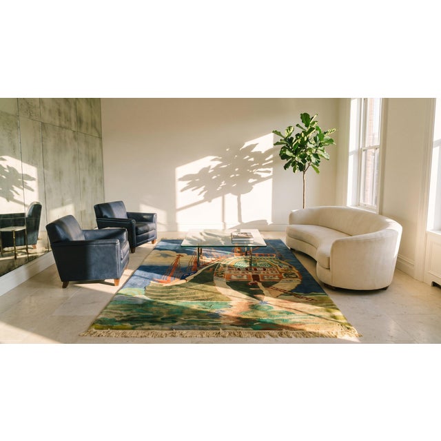 Fascinating and Artistic Anchored Boat Imagery Under Blue Sky and on Rippling Seafoam Water Antique Nautical Chinese Deco Rug For Sale - Image 12 of 12