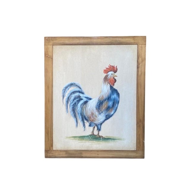 A set of four oil paintings on panel depicting different types of roosters against an off-white background, dating from...