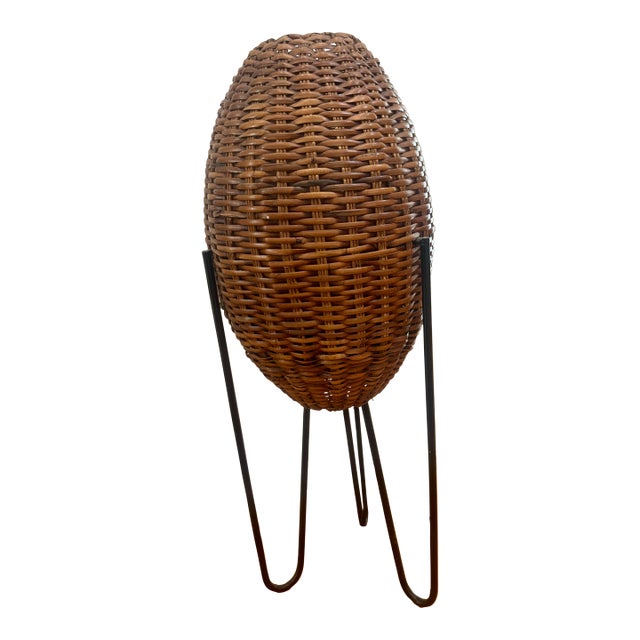 Mid Century Beehive Wicker and Iron Lamp For Sale
